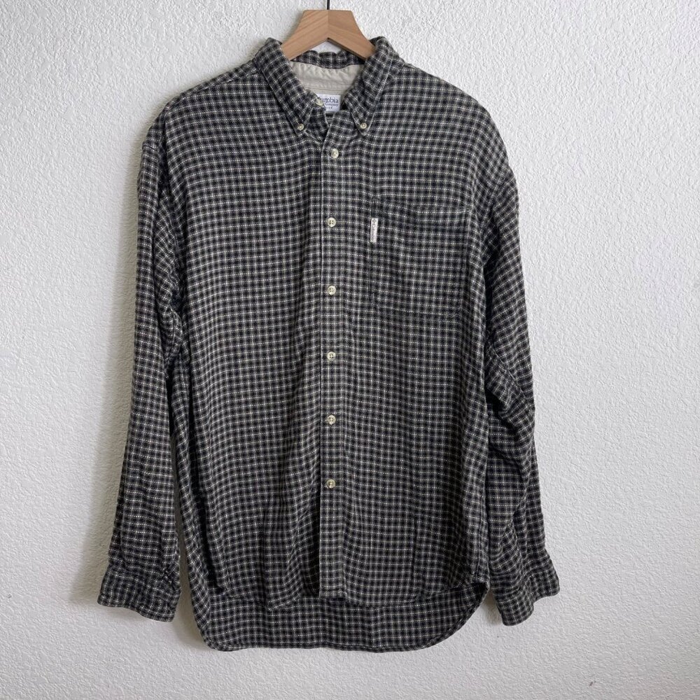 Columbia Mens Long Sleeve Plaid Button-Up Shirt L Black/White Cotton Blend - Picture 2 of 9